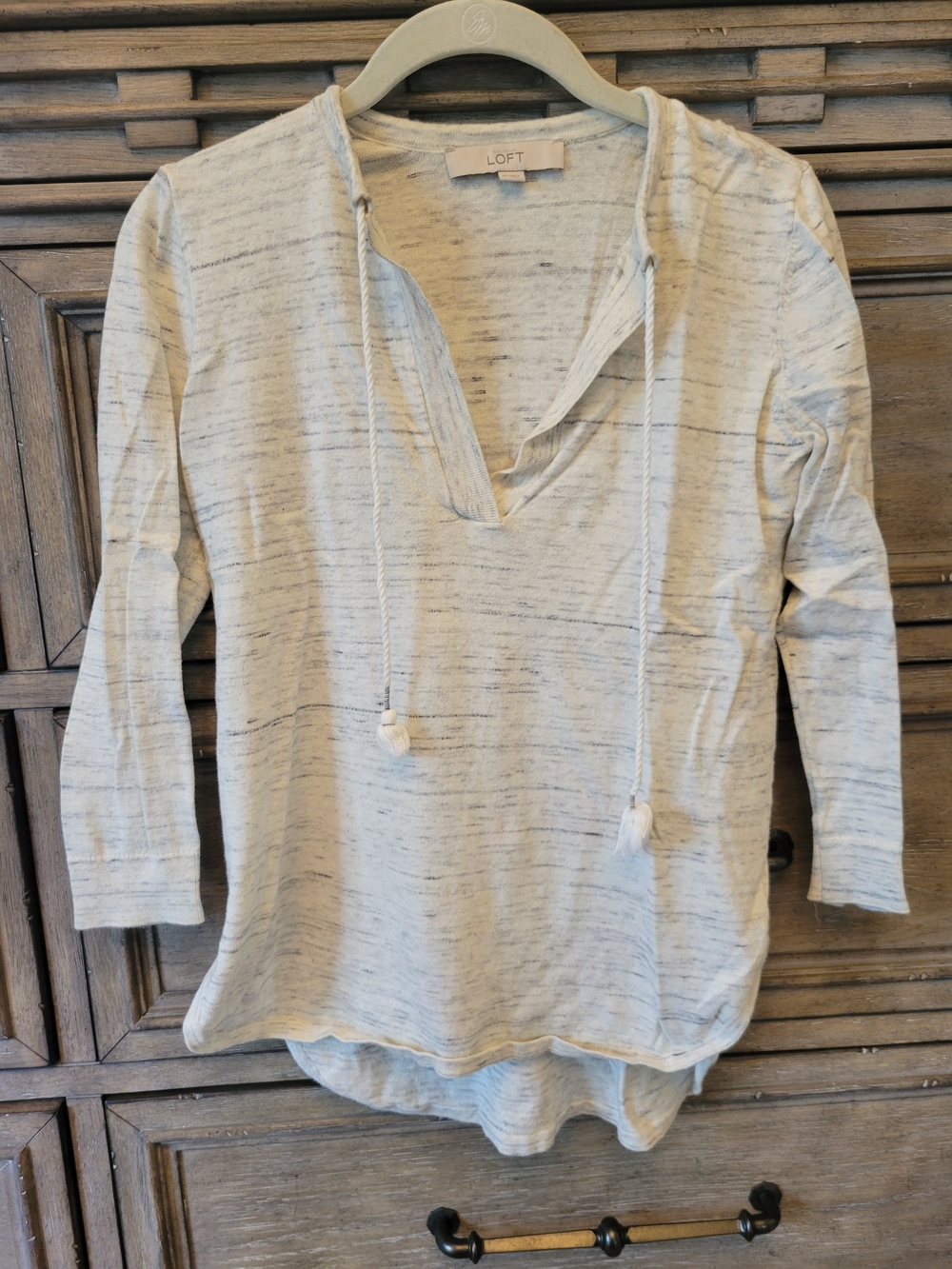 LOFT Cream Marled V-Neck Drawstring Pullover